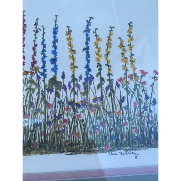 Vintage wild flowers and cat Art Print framed picture signed by Chris Mahoney - Picture 4 of 4